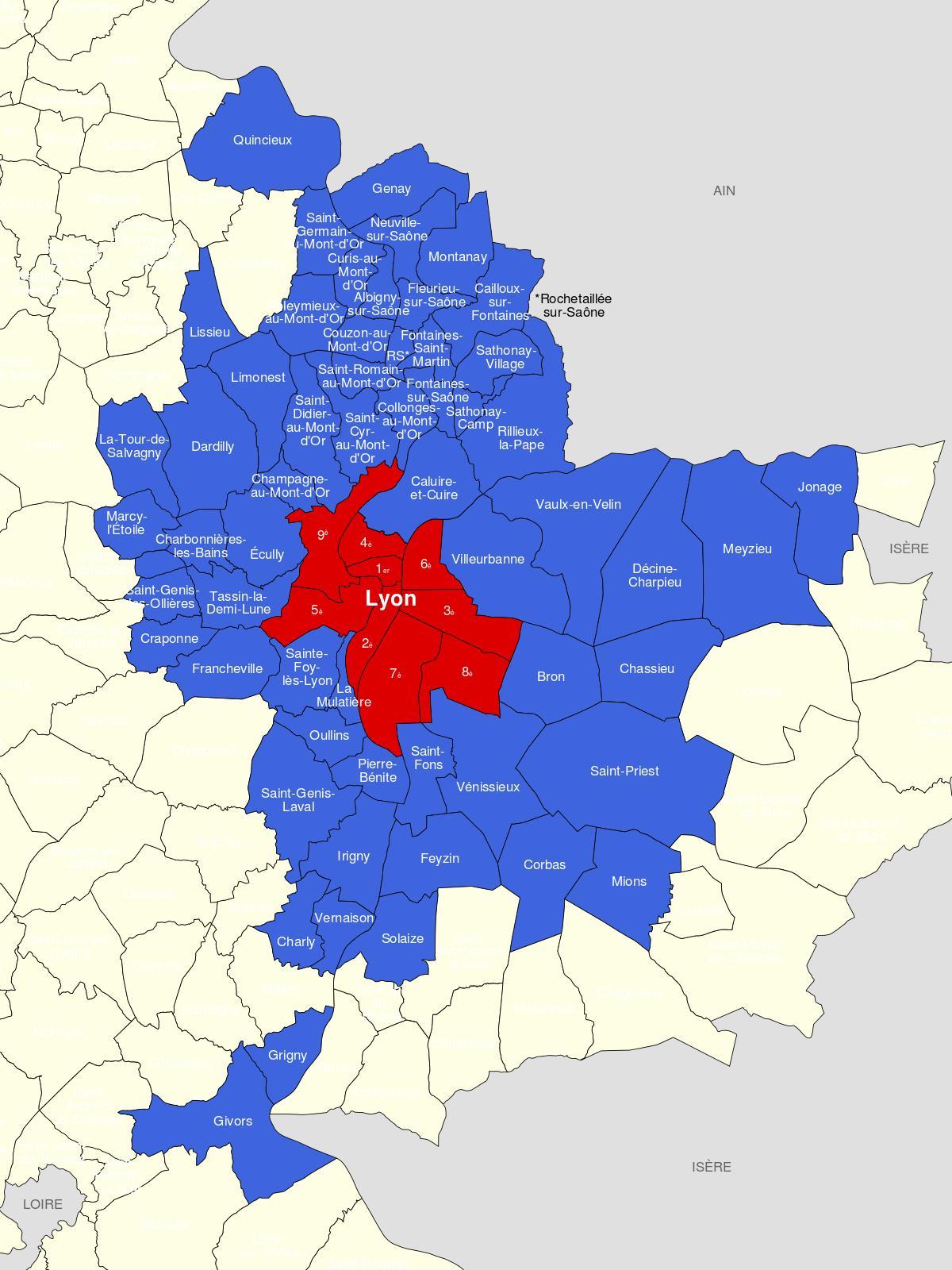 karte Lyon priekšpilsētas 